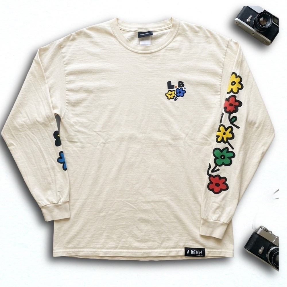 Lifes A Beach Surfgear Long Sleeve T-Shirt Cream Flower Graphic Mens XL